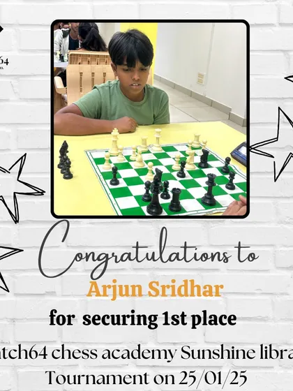 A huge shoutout to Arjun Sridhar for securing first place in our club tournament at the Sunshine Library. His score of 3.5 out of 4 shows his growing strategic skill.