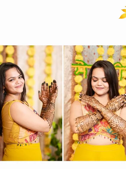 A diptych of a bride showing off her intricate Mehandi against a festive yellow marigold backdrop.