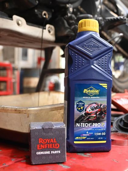 The right stuff for the job. Putoline N-TECH Pro R 15W-50 oil and a genuine Royal Enfield oil filter for a Himalayan service.