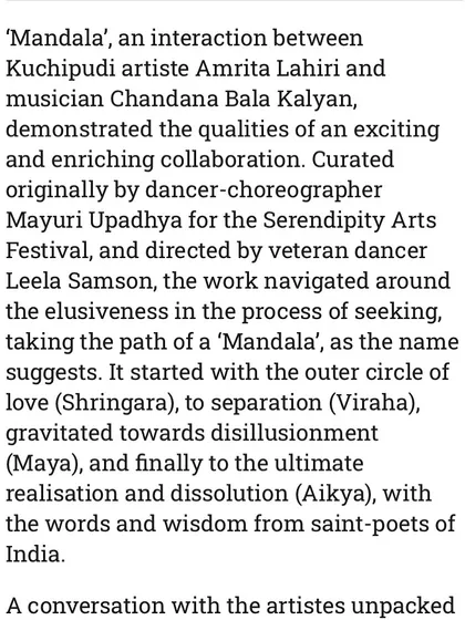 The article describes how 'Mandala' is structured, moving through the circles of love (Shringara), separation (Viraha), disillusionment (Maya), and finally, dissolution (Aikya).