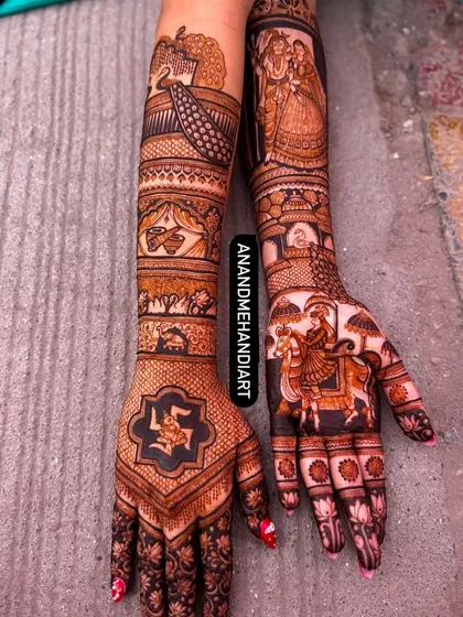 This design includes a portrait of the groom on a horse (ghodi ceremony) and a Swastika for good luck.