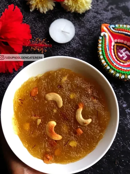 No South Indian meal is complete without a traditional sweet. Our Kesari Bath is a rich and aromatic dessert made from semolina, ghee, saffron, and cashews, providing a perfect, sweet conclusion to your catered meal.