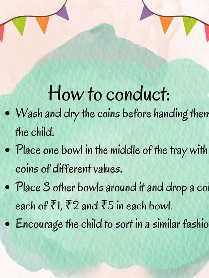 This image provides instructions for a coin sorting activity, a practical way to help children classify objects and prepare for math work like counting and addition.