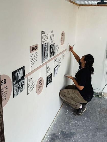 This timeline wall was created for the first Bangalore outlet of Deliciae Patisserie. It tells the story of their brand's journey through a combination of hand-lettering and mounted photographs, turning a simple wall into a narrative experience for their customers.
