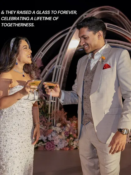 The couple raises a glass to forever at their Bahrain engagement. A perfect end to a day of celebration, planned with love in a place that feels like home.