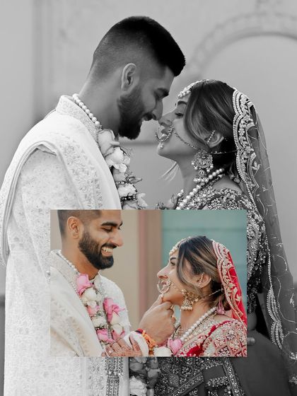 A creative collage blending color and black and white images of the couple on their wedding day. It highlights their loving interactions and joyful expressions.