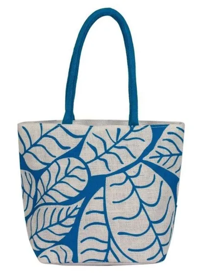 We offer a variety of bag shapes and print styles, including this rounded tote with a contemporary leaf pattern. The design demonstrates our ability to apply intricate, two-tone artwork across the surface of the bag for a distinct and fashionable look.