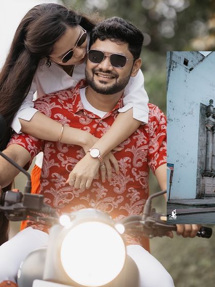A fun and dynamic collage featuring a couple on a motorcycle, capturing their adventurous spirit.