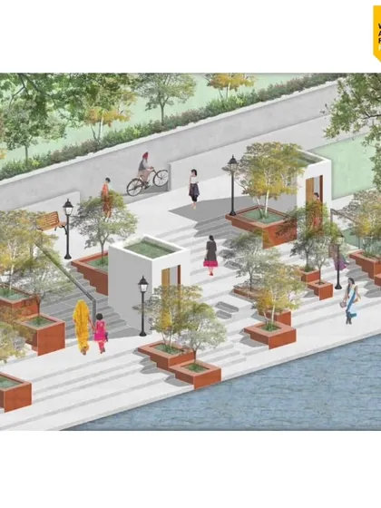 Another perspective of the Adarsh Gram public realm, showcasing how we use landscaping and simple architectural elements to define spaces for the community.