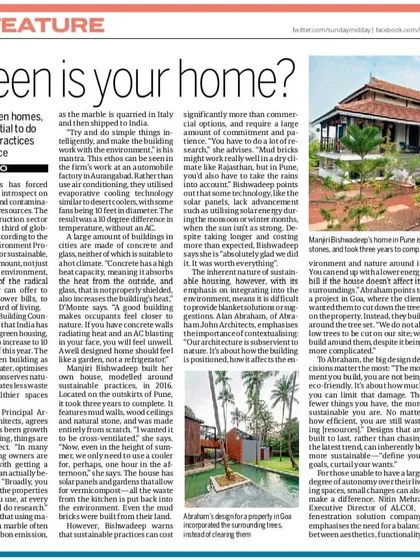A feature in the MidDay newspaper discussing my approach to sustainable homes. The article highlights my use of natural materials like mud and stone and passive cooling strategies to create energy-efficient residential architecture.