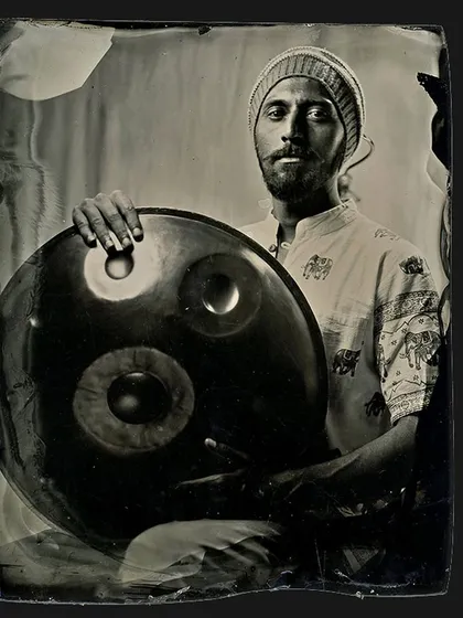 Another mesmerizing wet plate collodion portrait, this time of a handpan player. The process creates a depth and luminosity that is truly unique to analog photography.