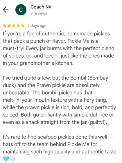 I love it when customers appreciate the authentic taste I strive for. This review highlights two of my non-veg bestsellers, the Bombil (Bombay duck) and Prawn pickle, and the homemade quality that sets them apart.