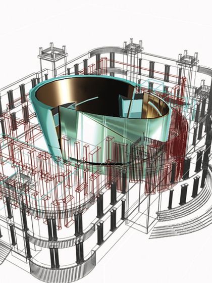 A digital wireframe model showing our proposal for Minto Hall. This drawing reveals the new structural grid and the free-flowing form of the central auditorium, designed as a "building within a building" to preserve the historic shell.