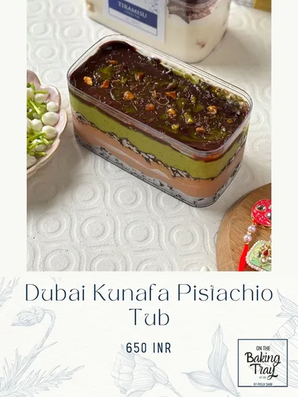 For those who love unique flavors, I created the Dubai Kunafa Pistachio Tub. It has layers of creamy pistachio, crunchy kunafa, and rich chocolate, offering an exotic twist for your Rakhi gifting.