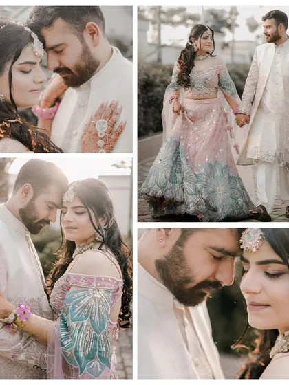 A collage of romantic moments from a Haldi ceremony. We make sure to capture the quiet, loving glances between the couple amidst all the fun and festivities.