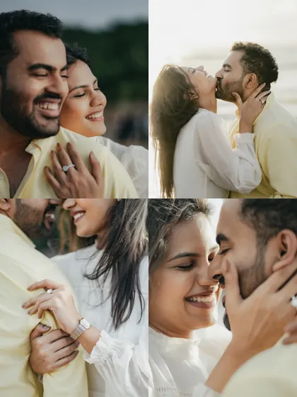 A collage of candid, sun-kissed moments on the beach. Each frame is filled with smiles, kisses, and loving glances, telling a story of pure happiness.