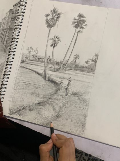 Another example of a student's landscape sketch, showcasing their ability to capture the texture of trees and the depth of a natural scene.