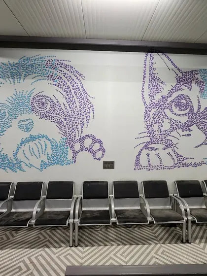 This large-scale wall art for Chasing Tails, a pet care facility, was made by assembling hundreds of small, custom-cut MDF pieces. The technique creates a unique pixelated or pointillist effect, perfect for detailed graphics.
