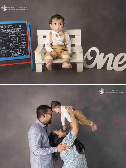 A collage showing both a classic first birthday portrait with a milestone board and a heartwarming family photo from the same session.