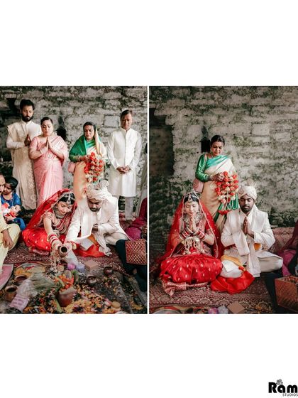 A diptych from the Himalayan temple wedding, showing the couple performing rituals surrounded by their close family, highlighting the intimate and traditional nature of the ceremony.