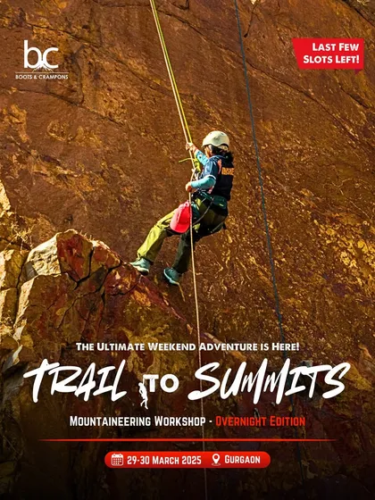 A participant rappels down a rock face during our "Trail to Summits" overnight workshop in Gurgaon. We bring the mountains to your city so you can learn essential skills before your big climb.