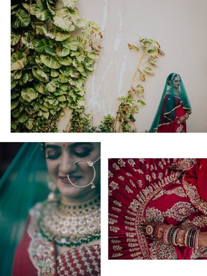 A collage showcasing the bride's beautiful red and green lehenga and her stunning details.