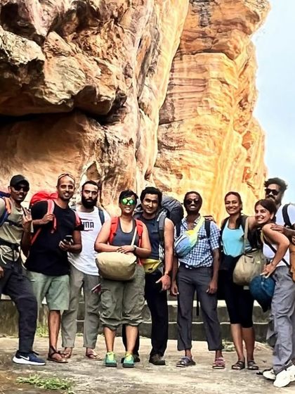 Neena and friends at the beautiful Badami crags. Our community often travels together to explore some of India's best climbing destinations.