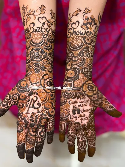 Celebrating a new arrival with a special baby shower mehendi. I can personalize your design with sweet messages like 'Baby Shower' and 'Can't wait to meet these tiny little feet', along with tiny footprints and the baby's initials.
