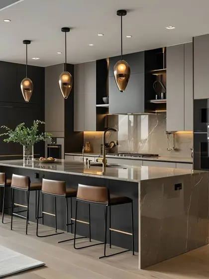 I designed this luxurious kitchen with a large marble island that doubles as a breakfast bar. The combination of dark cabinetry, sophisticated pendant lighting, and integrated appliances creates a sleek, modern look that is also highly practical for everyday use.