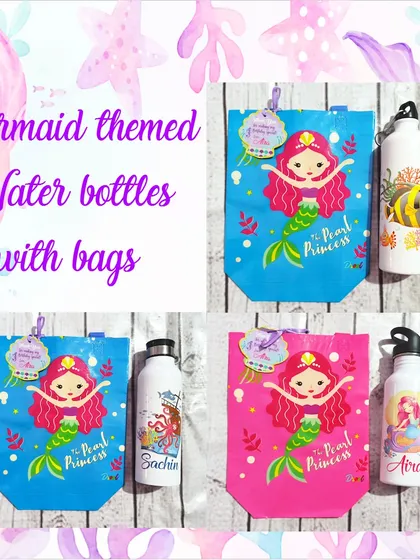 Make a splash with these magical mermaid-themed return gifts. This set includes a personalized stainless steel water bottle and a matching "The Pearl Princess" gift bag.