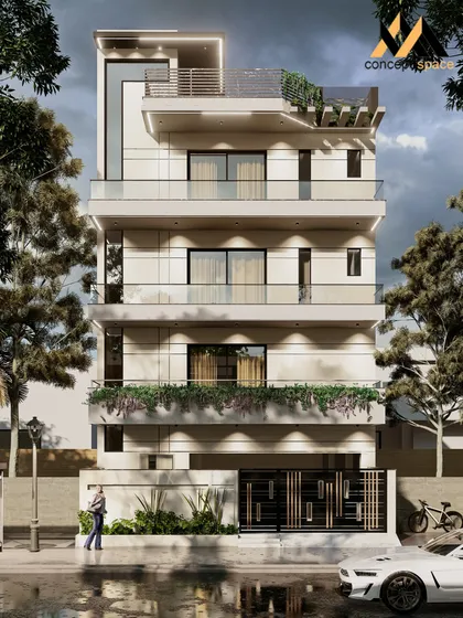 A full frontal view of a modern residential building we designed. The facade emphasizes verticality and clean lines, with large windows and balconies that feature planters to integrate nature into the structure.