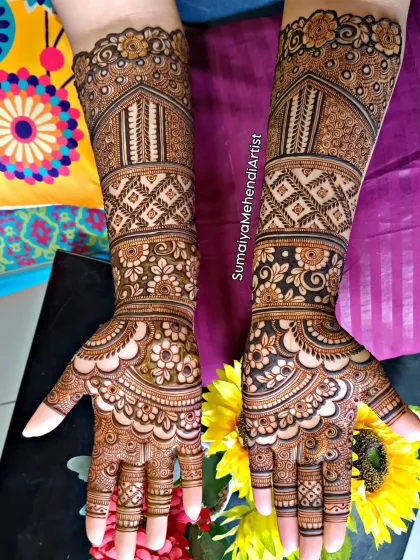 This Indian bridal design is so rich and detailed. I focused on creating different bands of patterns up the arm, from geometric grids to delicate floral vines, all leading to a beautiful design on the palm.