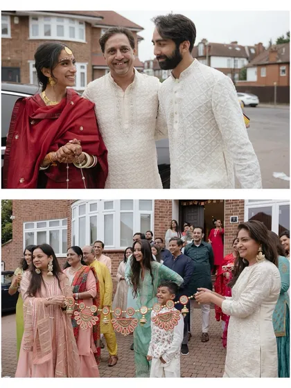 A collage from Shaan and Shubham's Griha Pravesh. Shubham's dad stands with the couple, showing his support, while the sisters playfully block the entrance, a fun family tradition.