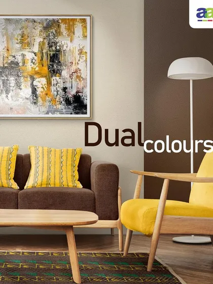 We created a warm and inviting living room using a dual-colour scheme. A rich brown accent wall provides a backdrop for the vibrant yellow armchair and cushions, demonstrating how strategic colour combinations can enhance your existing furniture and decor.
