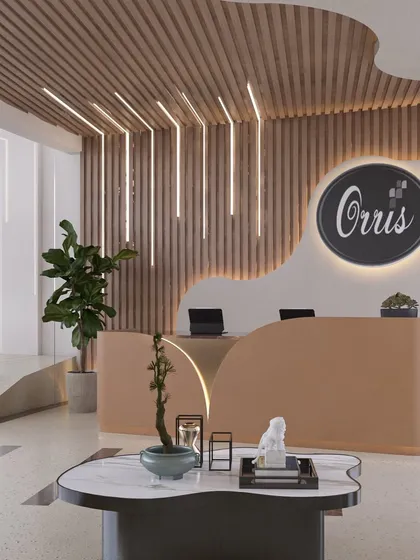 First impressions matter. For the Orris project, we designed a reception area that blends organic curves and natural materials. The flowing wooden ceiling slats and custom-designed desk create a memorable and luxurious entry experience for visitors.