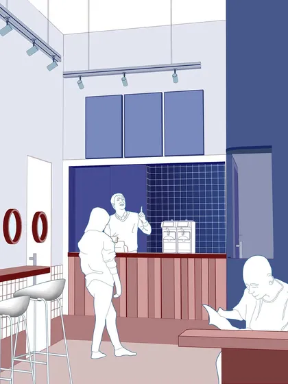 A conceptual illustration for the 'FLIP N FOLD' diner. These drawings help us and the client visualize the atmosphere of the space, capturing the all-American goodness of the retro-inspired palette before construction begins.