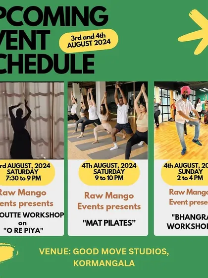 We've got something for every mood. This weekend schedule shows our variety, from a graceful silhouette dance workshop to a strengthening Mat Pilates session and a high-energy Bhangra class. Your vibe, your workout.