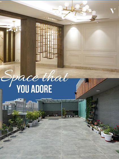 We design spaces you will adore, both inside and out. This image contrasts a beautifully lit, expansive interior with a serene rooftop terrace, showing our ability to craft luxury in every part of the home.