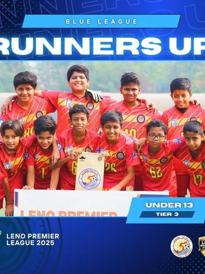 Our Under-13 Tier 3 team celebrating their runners-up position in the Blue League of the Leno Premier League 2025.