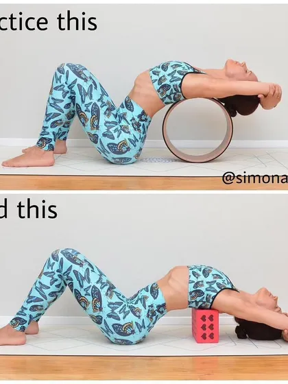 Both the yoga wheel and the yoga block are excellent tools for opening the thoracic spine. I guide students on how to use these props to safely prepare their bodies for deeper back-bending postures.