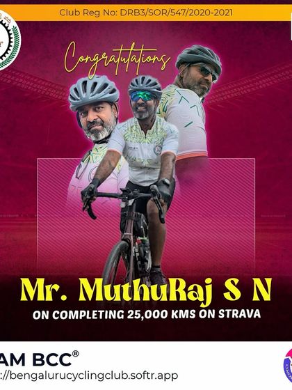 We congratulate MuthuRaj S N on completing 25,000 kms on Strava. Keep up the amazing work!