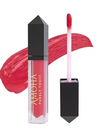 A vibrant red liquid lipstick with a corresponding swatch, showcasing the true color and texture for beauty product listings.