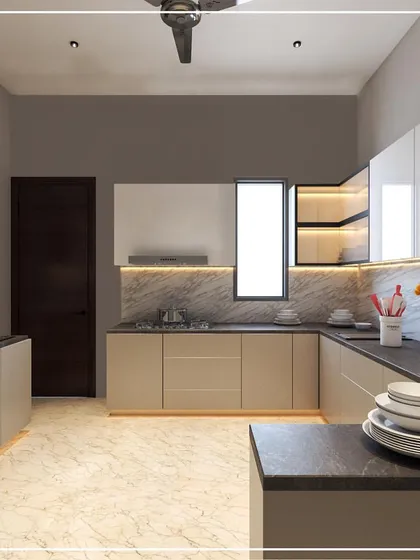A wider view of the Sonipat kitchen concept, illustrating the U-shaped layout, integrated oven, and ample counter space designed for practical, everyday use.