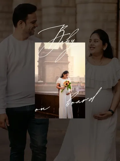 A stylishly designed graphic announcing 'Baby on board', featuring a beautiful maternity photo at the Gateway of India.