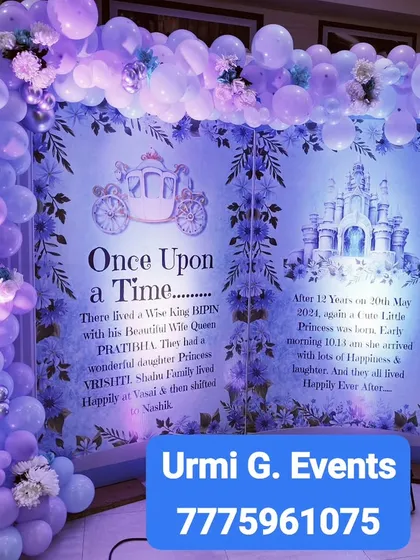 A unique take on a princess party with a giant, open storybook backdrop. The pages tell the birthday girl's own "once upon a time" story, framed by a beautiful lavender and white balloon arch.