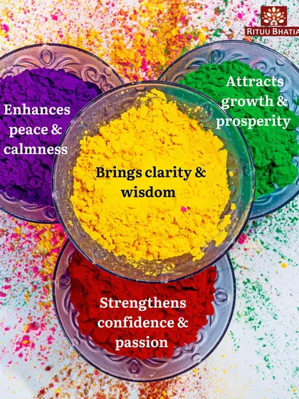 Holi is a festival of vibrant energies, and each color has a spiritual significance. In this image, I show how different colors like purple, green, yellow, and red can be used to attract peace, prosperity, wisdom, and confidence into your life.