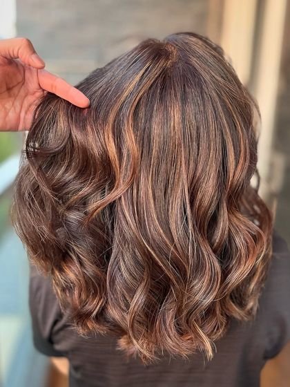 A close-up of rich, chocolate brown hair with subtle caramel highlights. Our stylist's hand shows the texture and dimension of this Iconic Brown shade.