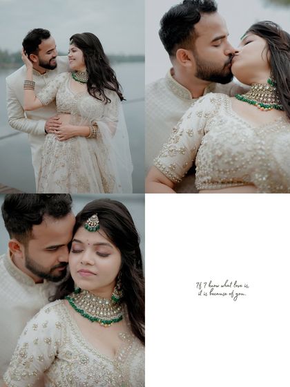 A collage from Nitheesh and Gayathri's engagement shoot by the Kerala backwaters. The elegant white outfits and serene location make for a truly beautiful series of images.