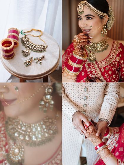 A collage of bridal details, including her Polki jewelry, red chooda, and a tender moment of the couple holding hands.