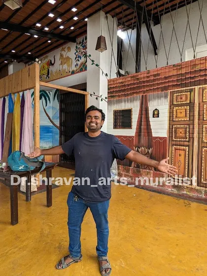 I completely transformed this fine dining restaurant with murals that give it an authentic village vibe, including this realistic painting of a traditional house front.